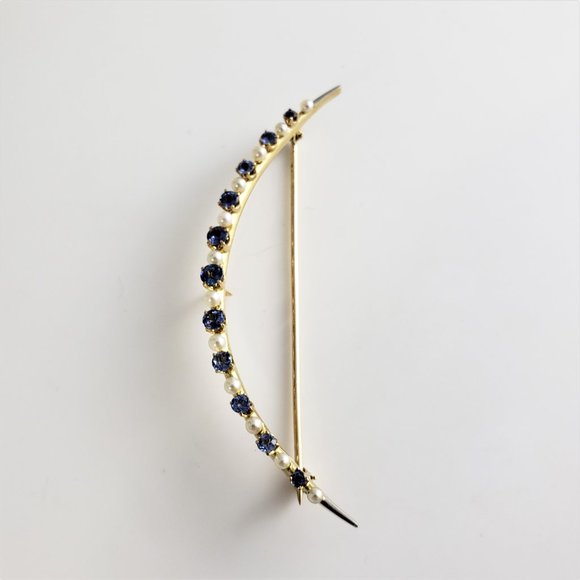 Vintage 14K Yellow Gold Blue Zircon & Pearl Crescent Moon Brooch/Pin GAI #8756 - Picture 3 of 8